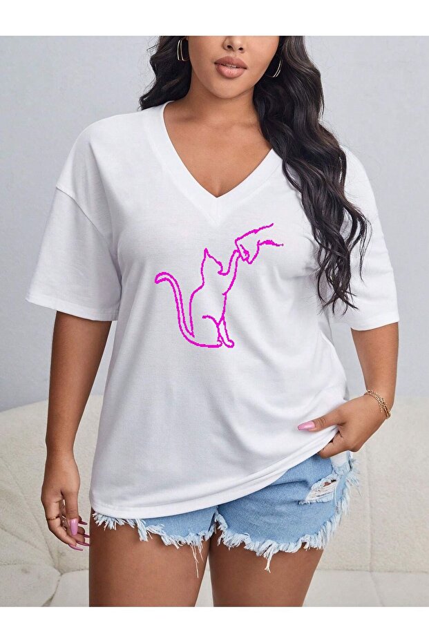 Women's / Girls' V-Neck Printed & Plain White Oversize T-Shirt Casual Boyfirend