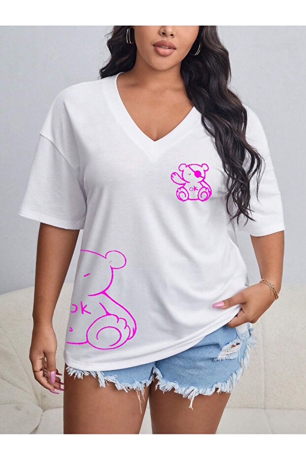 Women's / Girls' V-Neck Printed & Plain White Oversize T-Shirt Casual Boyfirend