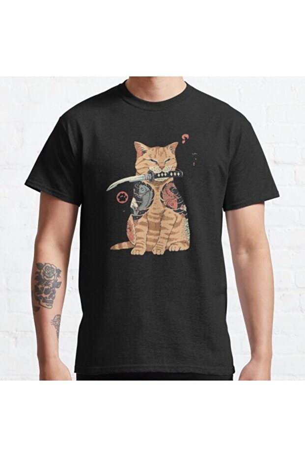 Loose Fit Anime Cat With Knife Design Printed T-shirt