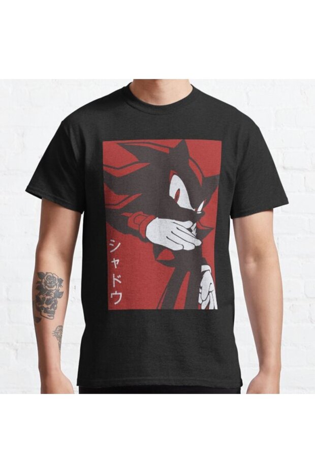 Loose Fit Normal Black Shadow Hedgehog Anime Manga Style Background Red Design Printed T-shirt