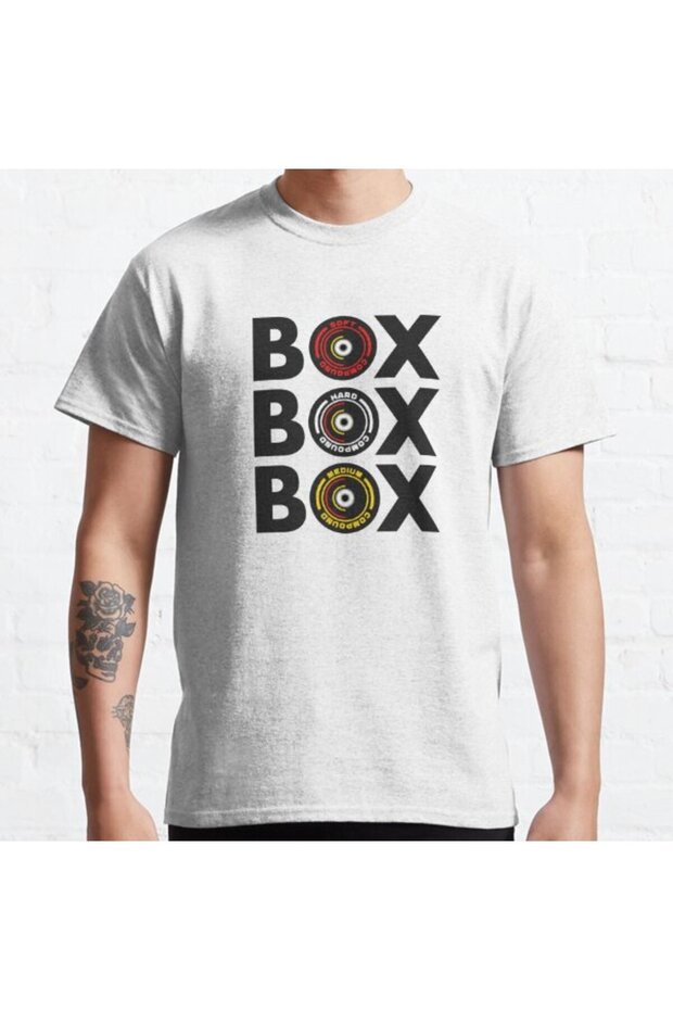 Loose Fit Unisex Box Box Infographic F1 Tyre Compound Design Printed T-shirt