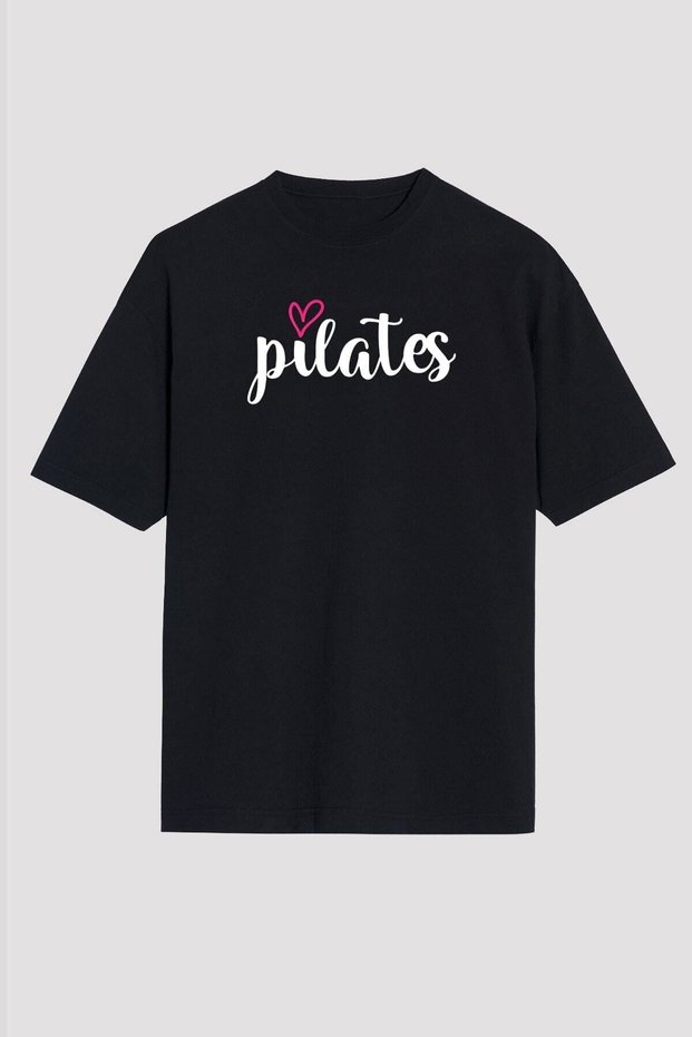 Unisex Loose Fit Pilates Printed Black T-Shirt
