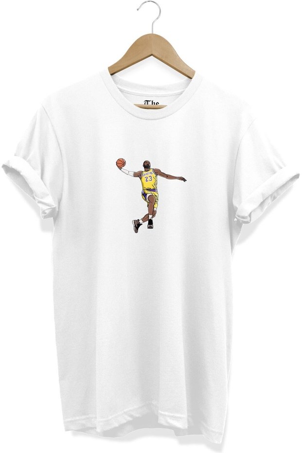 Unisex Loose Fit White Lakers Lebron James Dunk Printed Short Sleeve T-shirt