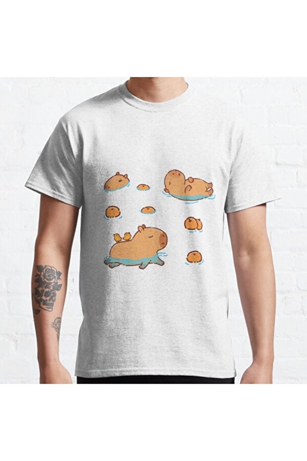 Loose Fit Unisex Capybara Pattern Swimming With Oranges Design Printed T-shirt