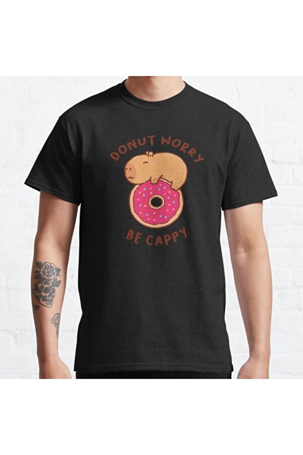 Loose Fit Unisex Don't Worry Be Cappy, Don't Worry Be Happy, Capybara On A Donut Printed T-shirt