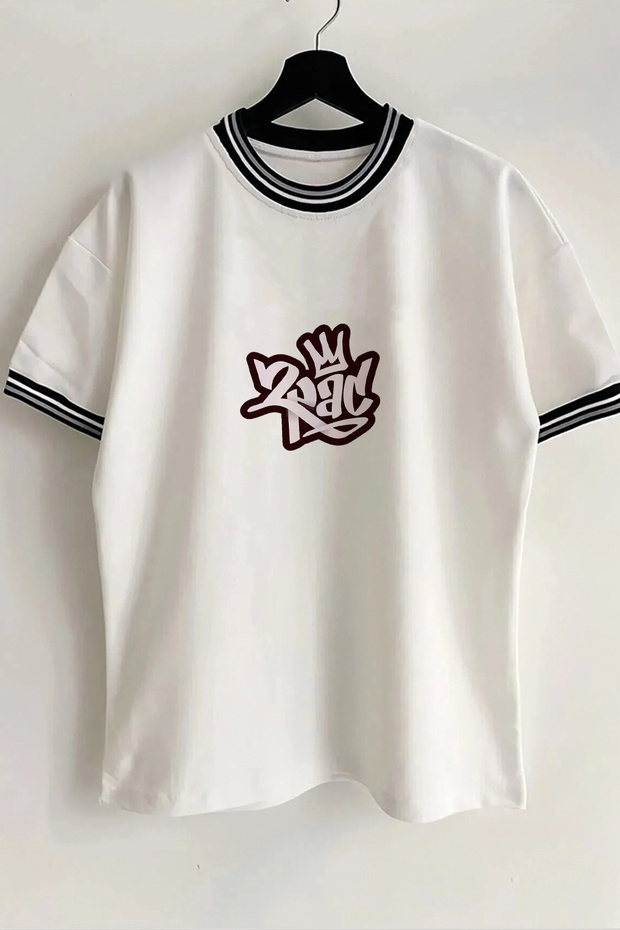 2Pac Printed New Season Collar and Sleeve Detailed Ribbed White Oversize Unisex T-shirt