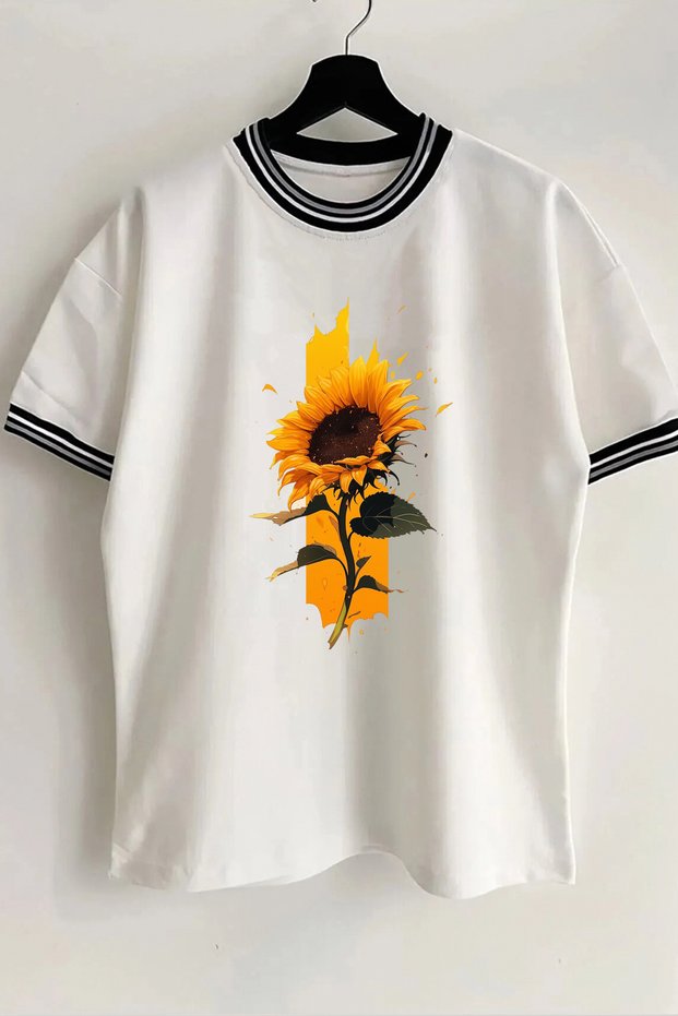 Sunflower Printed New Season Collar and Sleeve Detailed Ribbed White Oversize Unisex T-shirt