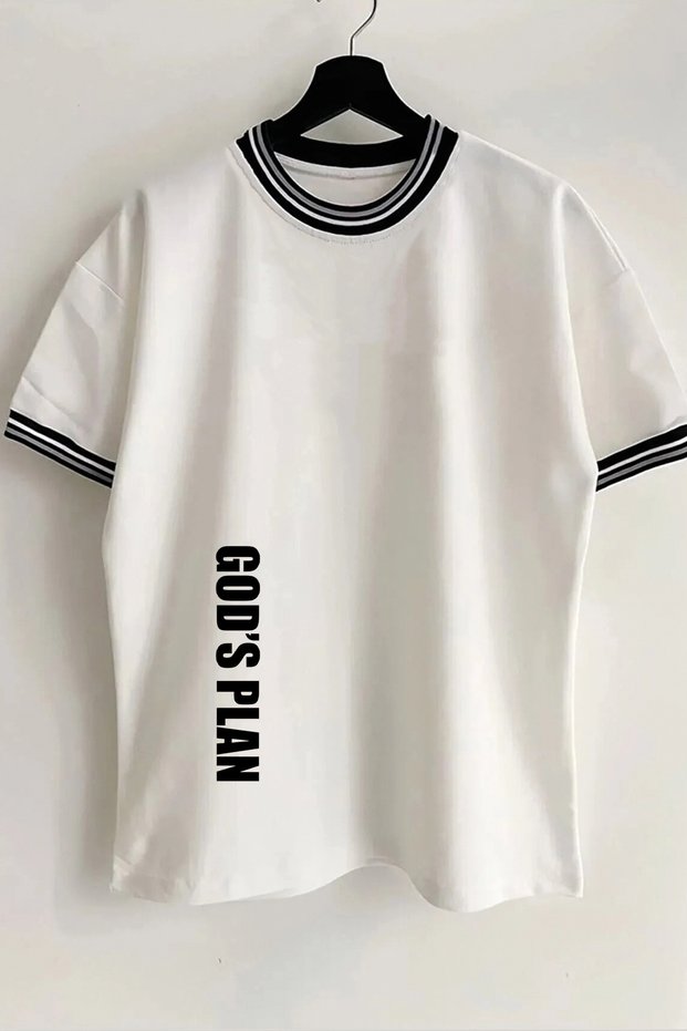 God's Plan Printed New Season Collar and Sleeve Detailed Ribbed White Oversize Unisex T-shirt