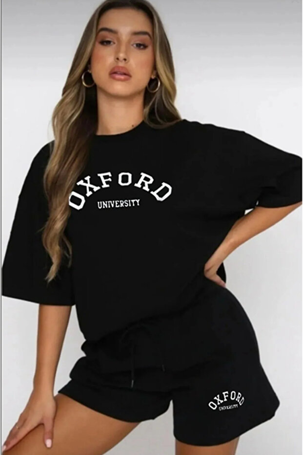 Black Women's Oxford Top and Bottom Printed Shorts T-shirt Set