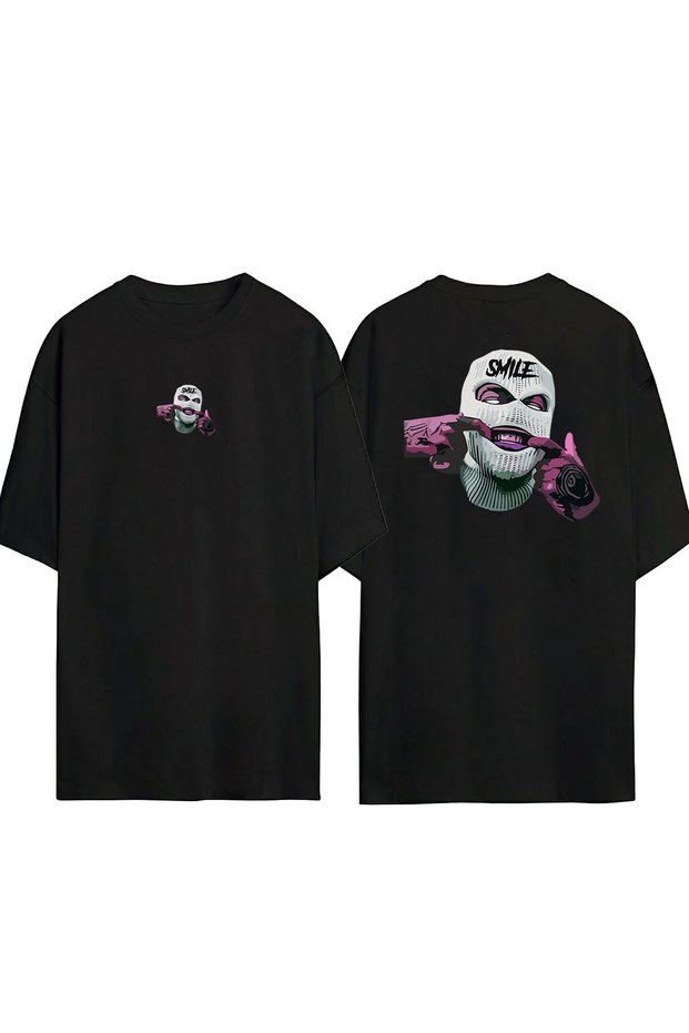Unisex Ganster Mask Smile Front Back Printed Black Oversize T-shirt