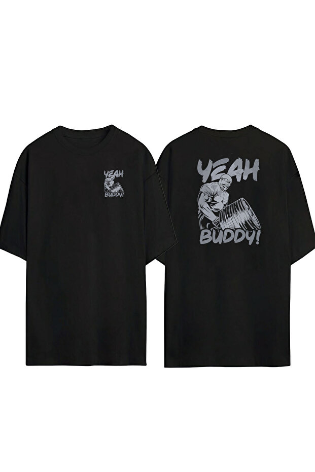 تي شيرت أسود كبير الحجم مطبوع من الأمام والخلف للجنسين من Yeah Buddy