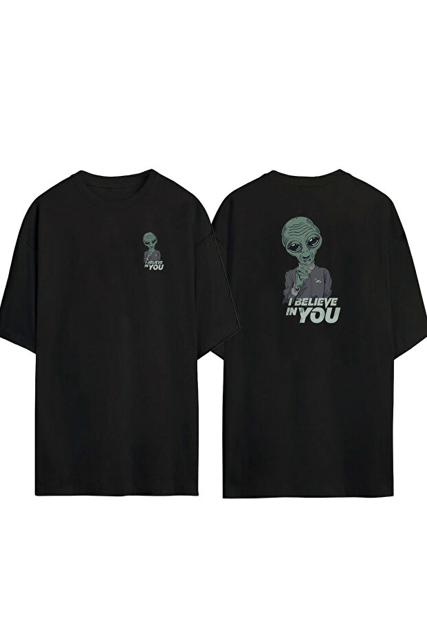 Unisex I Believe In You Front Back Printed Black Oversize T-shirt