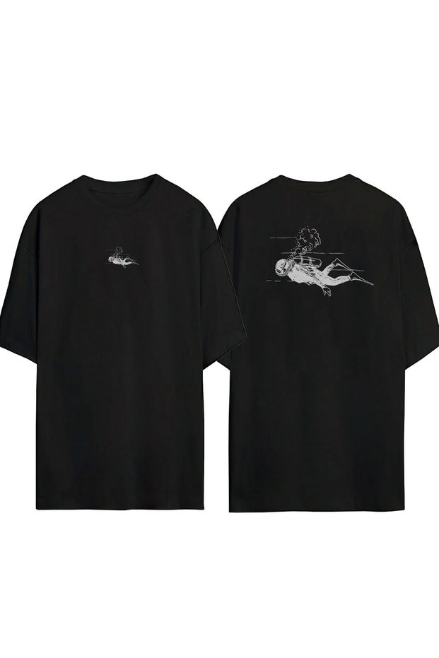 Unisex Scuba Diving Drawing Front Back Printed Black Oversize T-shirt
