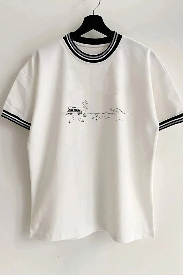 Caravan Camping Printed New Season Collar and Sleeve Detailed Ribbed White Oversize Unisex T-shirt