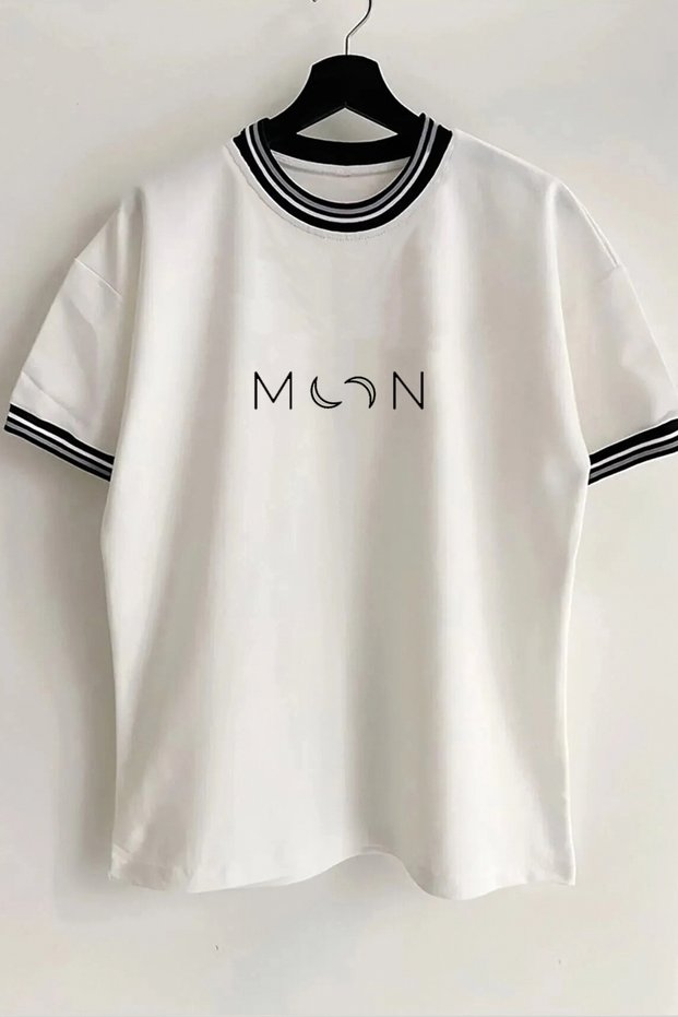 Moon Printed New Season Collar and Sleeve Detailed Ribbed White Oversize Unisex T-shirt