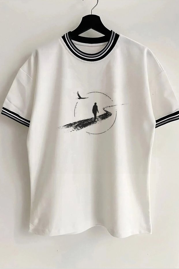 Road Printed New Season Collar and Sleeve Detailed Ribbed White Oversize Unisex T-shirt