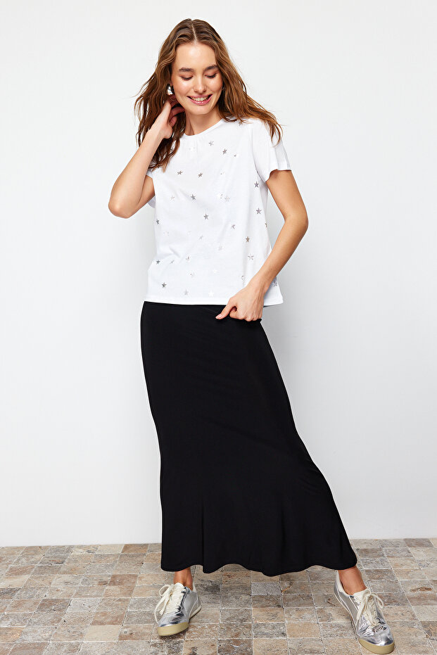 Beyaz %100 Kalın Pamuklu Varak Yıldız Baskılı Regular Kalıp Örme T-Shirt TWOSS20TS0757 - 2