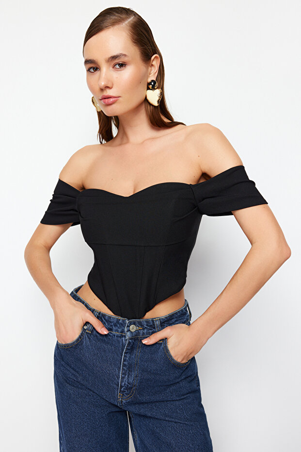 Black Carmen Collar Woven Bustier Tprss24Bs00018