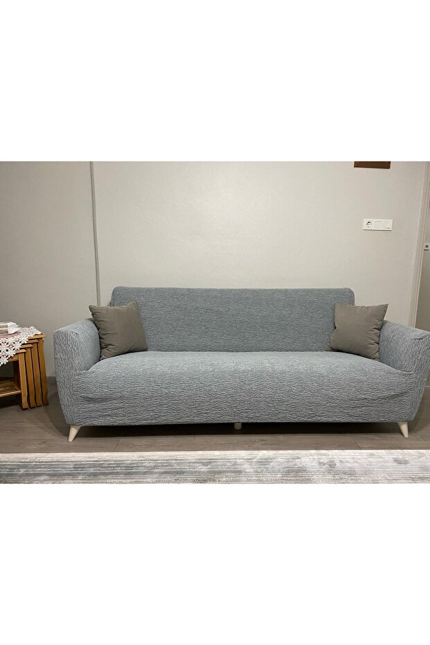 jakarlı düz desen 3 kişilik koltuk örtüsü.streç lastikli kanepe örtüsü.koltuk kılıfı 1 adet.GRİ - 1