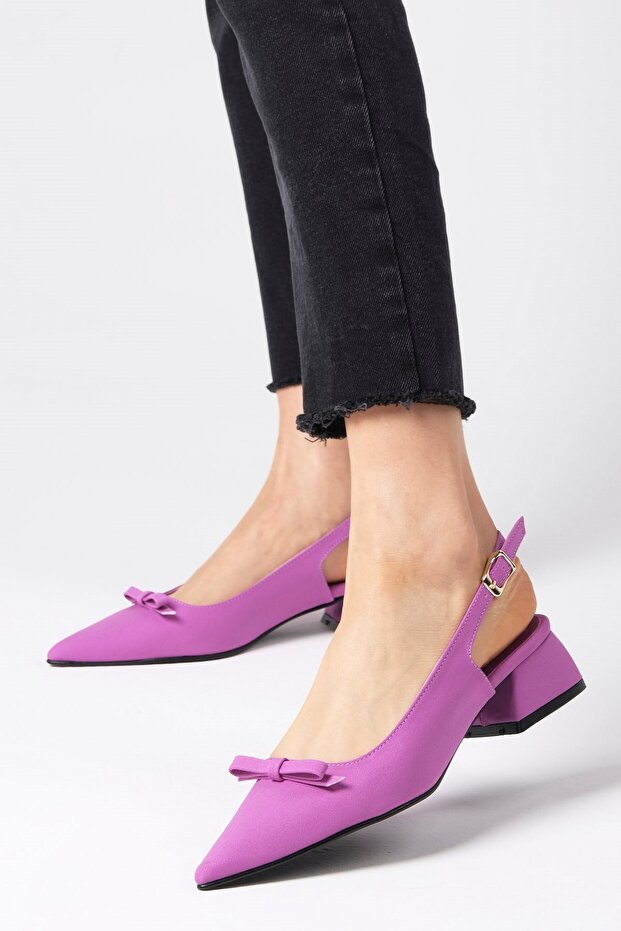Lynn Purple Color Open Back Matte Satin Fabric Women's Short Heeled Shoes