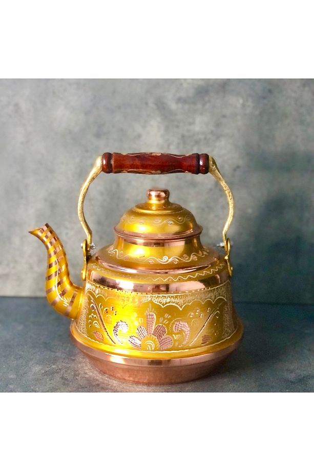 3,2 Litre Tekli Kalaylı Dövme Bakır Demlik, El İşlemeli Nostaljik Çaydanlık, Su Isıtıcısı - 1