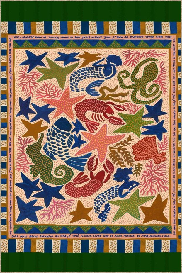 Starfish Green Themed Patterned Woven Base Carpet 3761