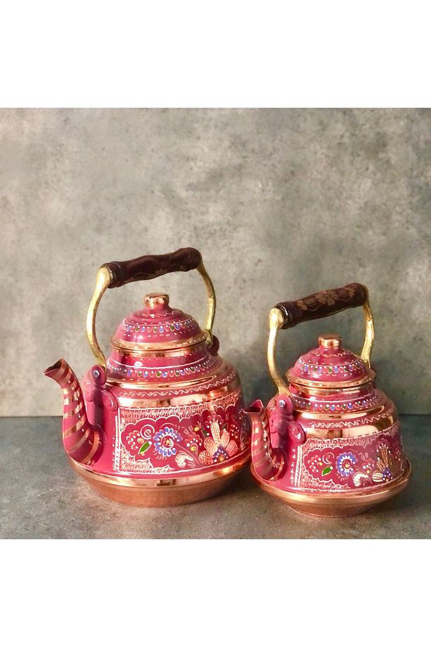 1,6 Litre Tekli Kalaylı Dövme Bakır Demlik, El İşlemeli Nostaljik Çaydanlık, Su Isıtıcısı - 5