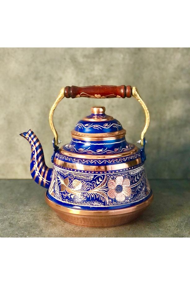 1,6 Litre Tekli Kalaylı Dövme Bakır Demlik, El İşlemeli Nostaljik Çaydanlık, Su Isıtıcısı - 1