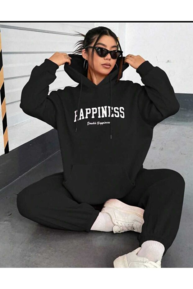 Happiness Printed Black Hooded Bottom Top Black Oversize Women's Tracksuit Set