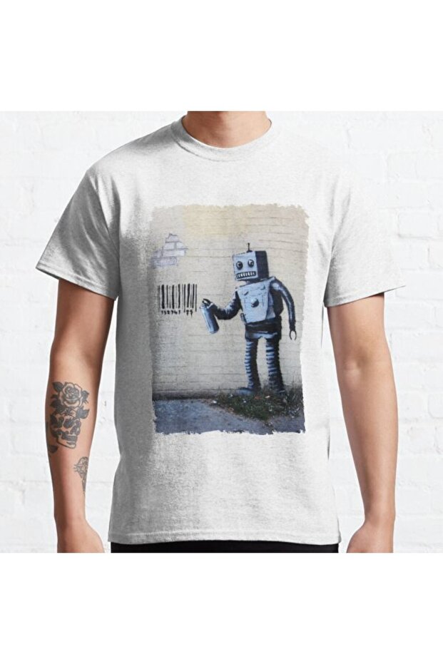 Banksy Graffiti Unisex Smiling Robot and Barcodes Printed T-Shirt - Loose Fit