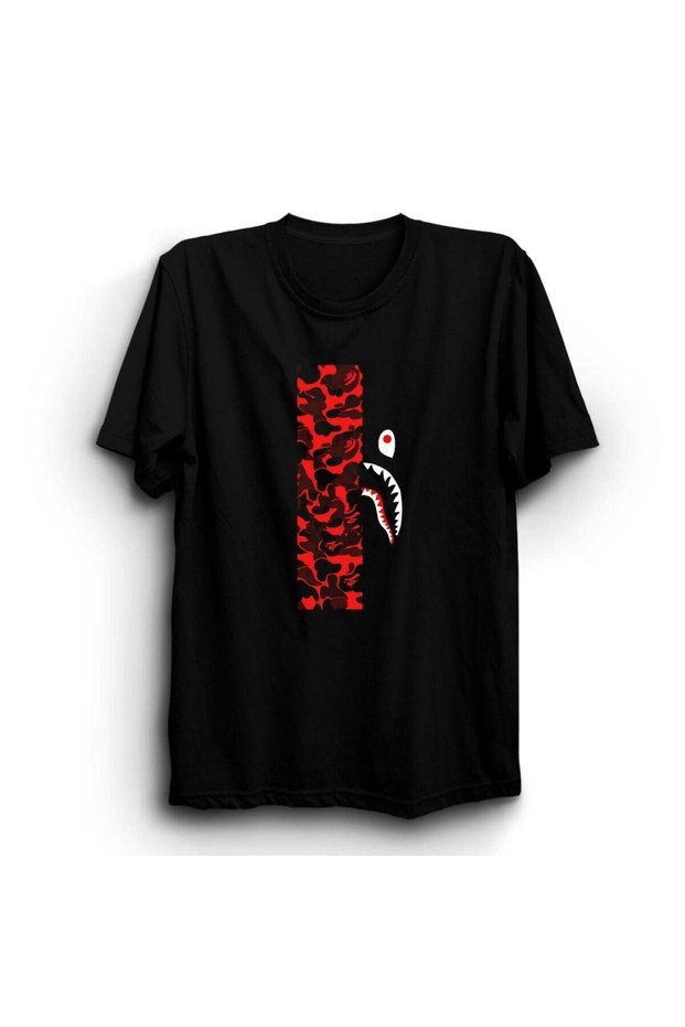Unisex Loose Fit Bape Shark Red Camouflage Design Printed T-Shirt