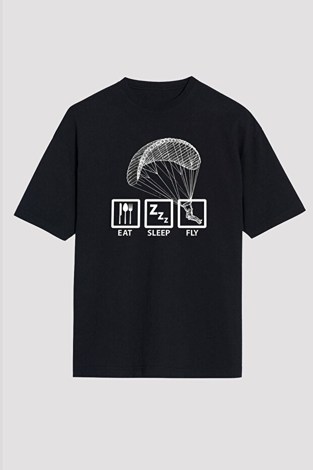 Unisex Loose Fit Paragliding - Paragliding Printed Black T-Shirt
