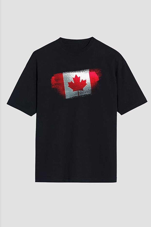 Unisex Loose Fit Canada - Canada Flag Printed Black T-Shirt