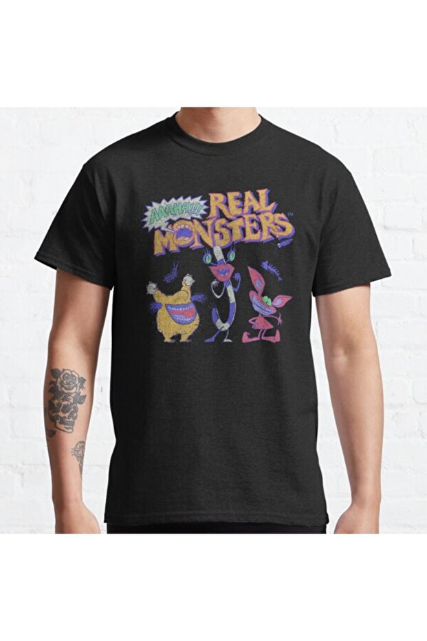 Loose Fit Unisex Aaahh!!!Real Monsters Group Shot Retro 90's Distressed Logo Design Printed T-shirt