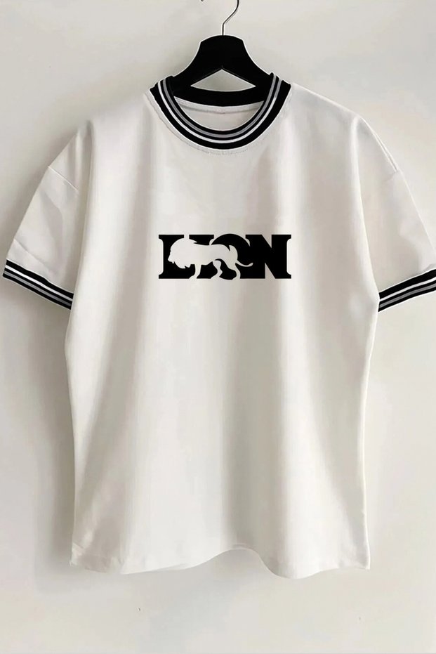 Lion Lion Text Printed New Season Collar and Sleeve Detailed Ribbed White Oversize Unisex T-shirt