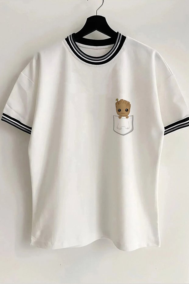 Pocket Printed New Season Collar and Sleeve Detailed Ribbed White Oversize Unisex Tshirt