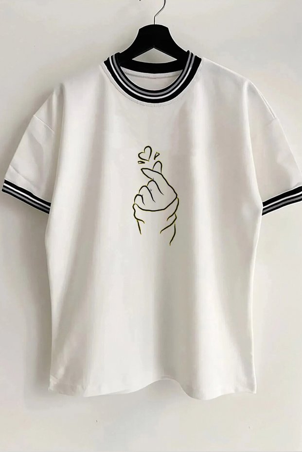 Heart Printed New Season Collar and Sleeve Detailed Ribbed White Oversize Unisex T-shirt