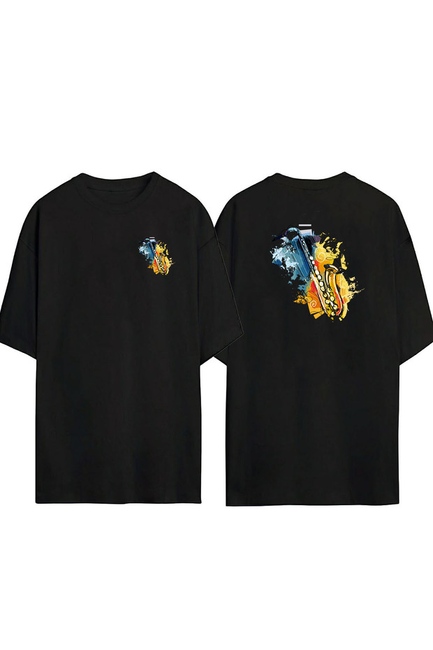 Unisex Watercolor Saxophone Front Back Printed Black Oversize T-shirt