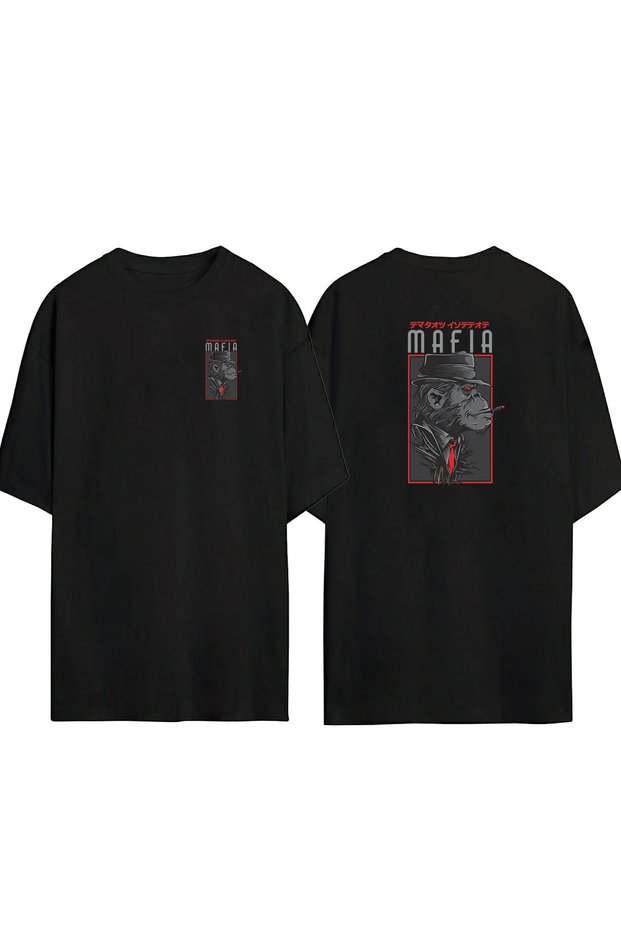 Unisex Mafia Monkey Front Back Printed Black Oversize T-shirt