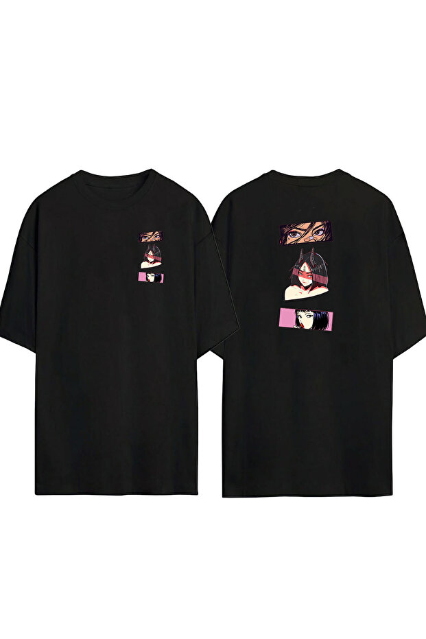 Unisex Anime Girls Eyes Front Back Printed Black Oversize T-shirt