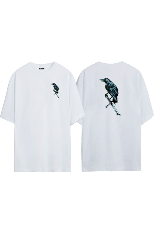 Unisex Blue And Black Crow Illustration Front Back Printed White Oversize T-shirt