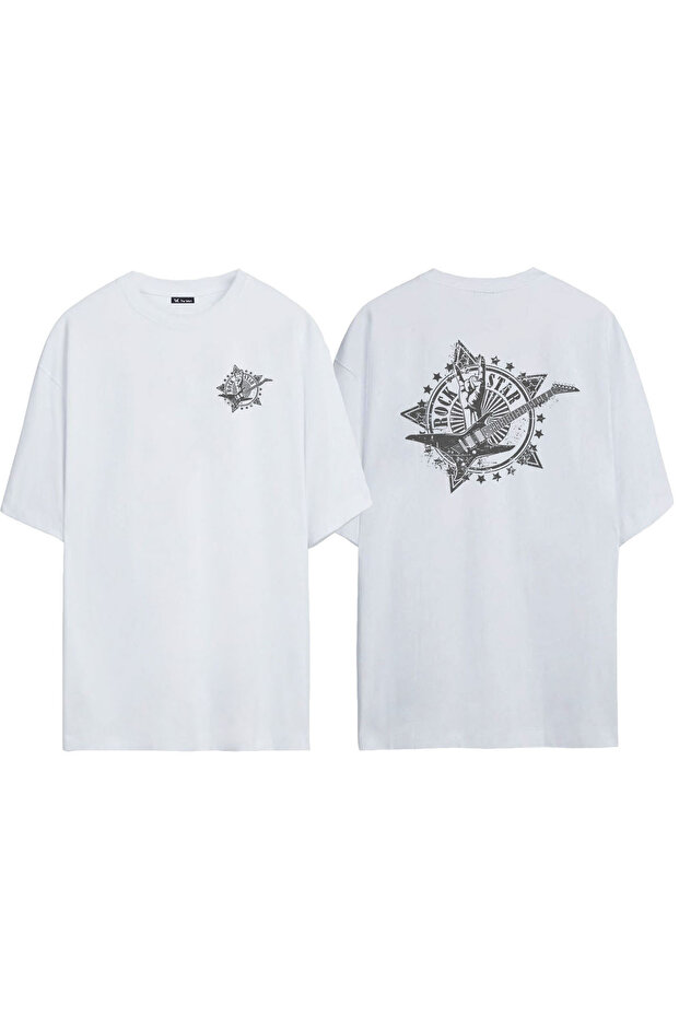 Unisex Rock Star Logo Illustration Front Back Printed White Oversize T-shirt