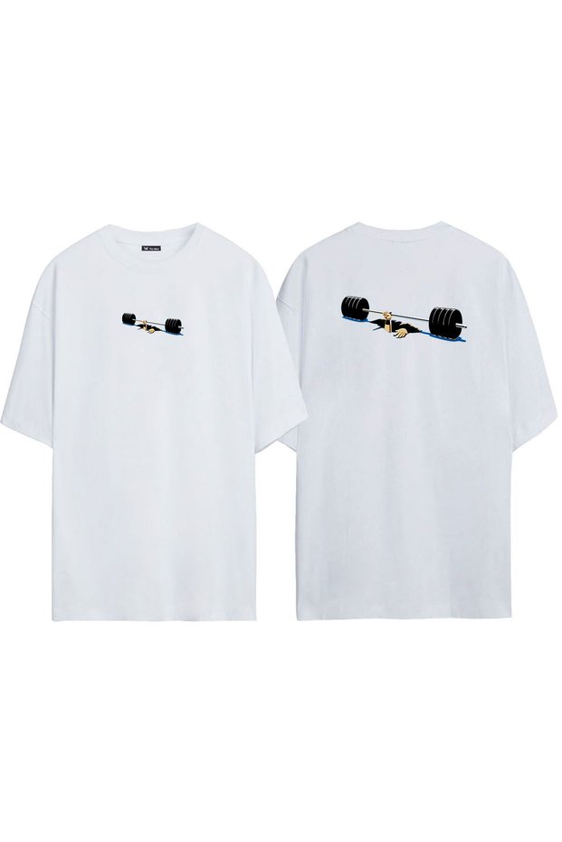 Unisex Barbell Sports Bar Weight Front Back Printed White Oversize T-shirt