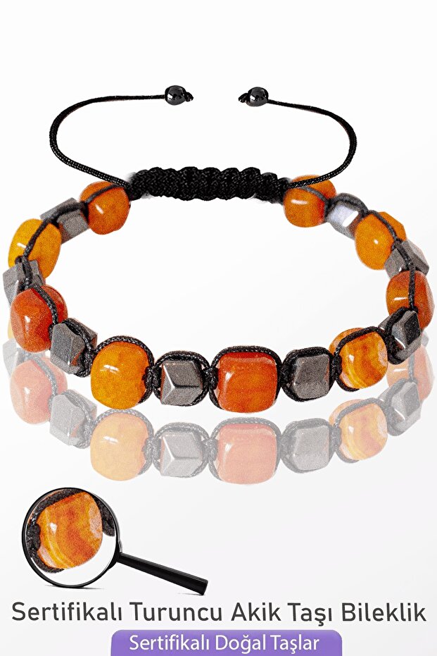 Certified Terahertz Bracelet with Orange Agate Stone - Adjustable Cube Model