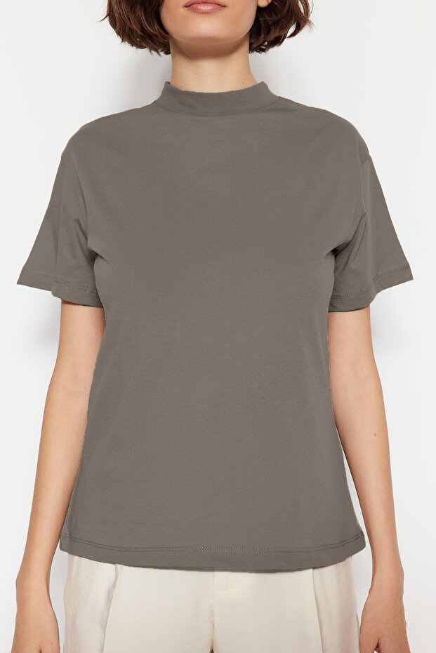 Yağ Yeşili-Gri 2'li Paket %100 Pamuk Basic Dik Yaka Örme T-Shirt TWOSS20TS1500 - 4