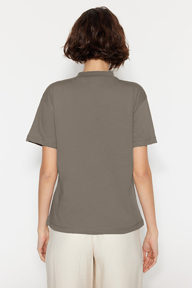 Yağ Yeşili-Gri 2'li Paket %100 Pamuk Basic Dik Yaka Örme T-Shirt TWOSS20TS1500 - 8
