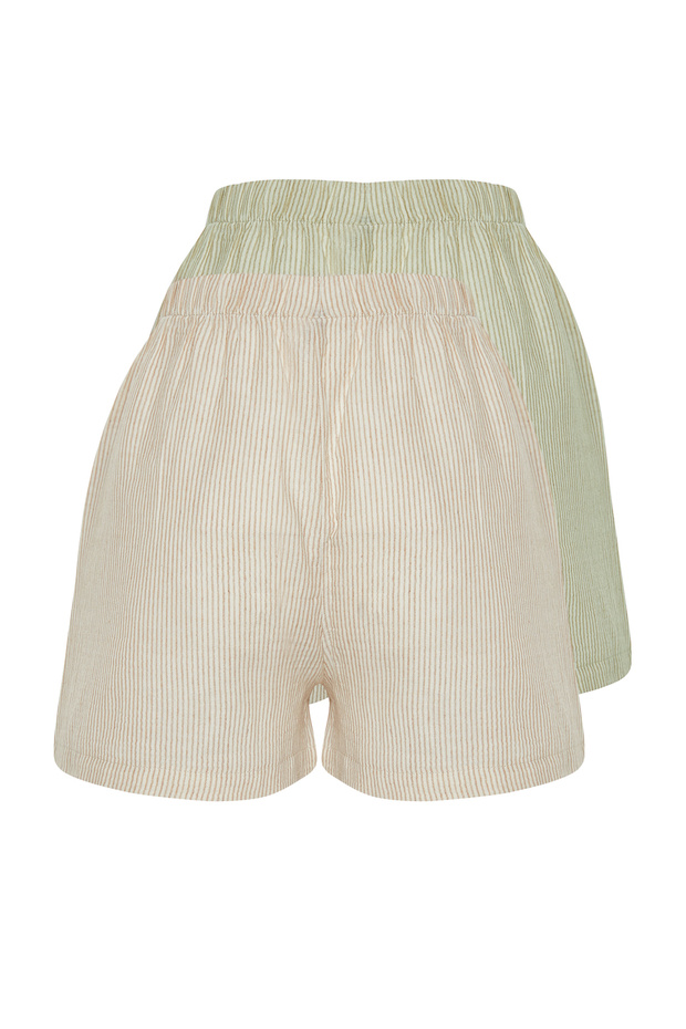 Çok Renkli 2'li Paket Pamuklu Çizgili Keten Görünümlü Şort Dokuma Pijama Altı THMSS24PJ00002 - 9