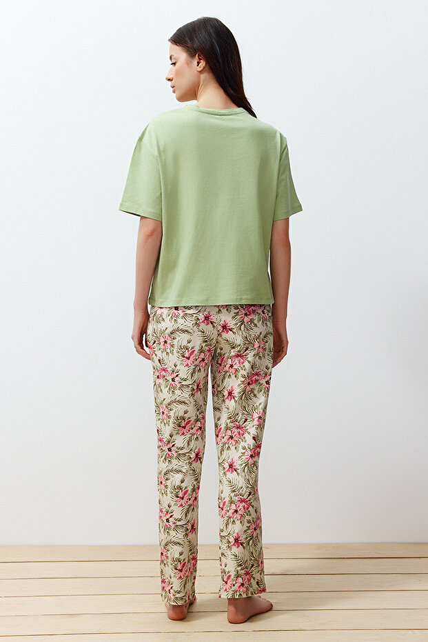Yeşil %100 Pamuklu Çiçekli Örme Pijama Takımı THMSS24PT00230 - 6