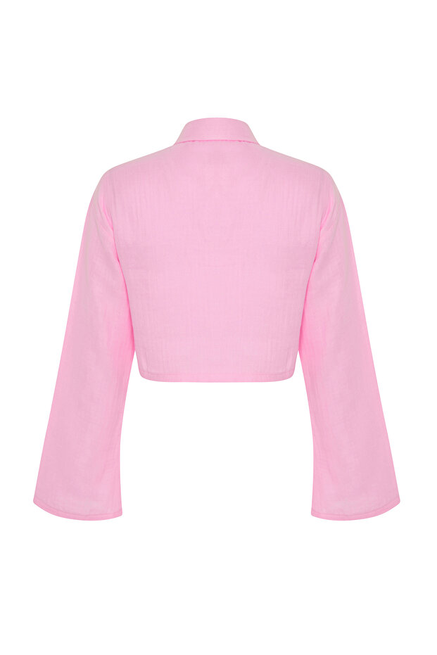 Pembe Dokuma %100 Pamuk Plaj Crop Gömlek TBESS24GO00011 - 7