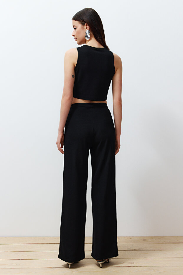 Siyah Düğmeli V Yaka Wide Leg Örme Yelek/Pantolon Alt-Üst Takım TWOSS24AU00017 - 7